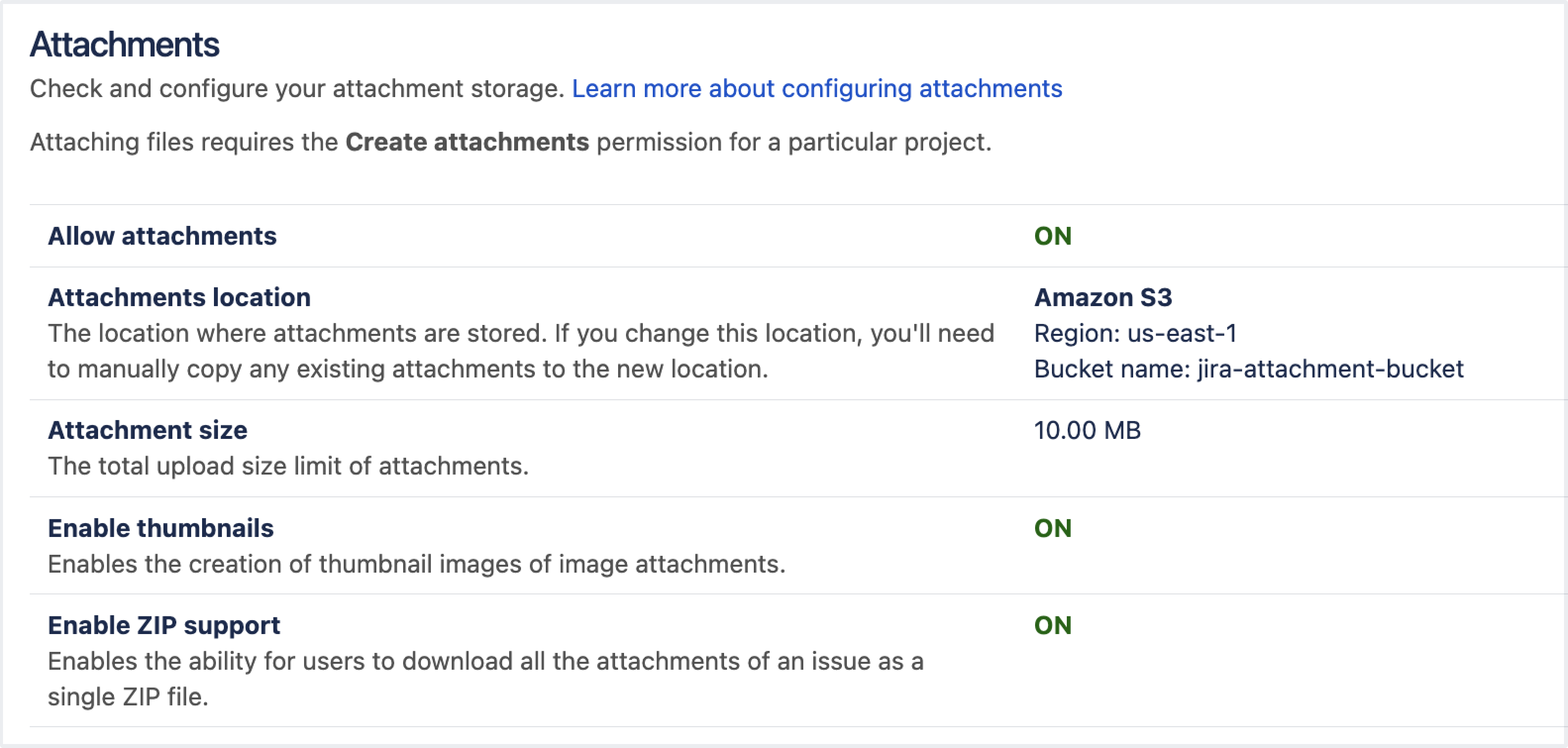 Attachment settings showing attachments stored in s3