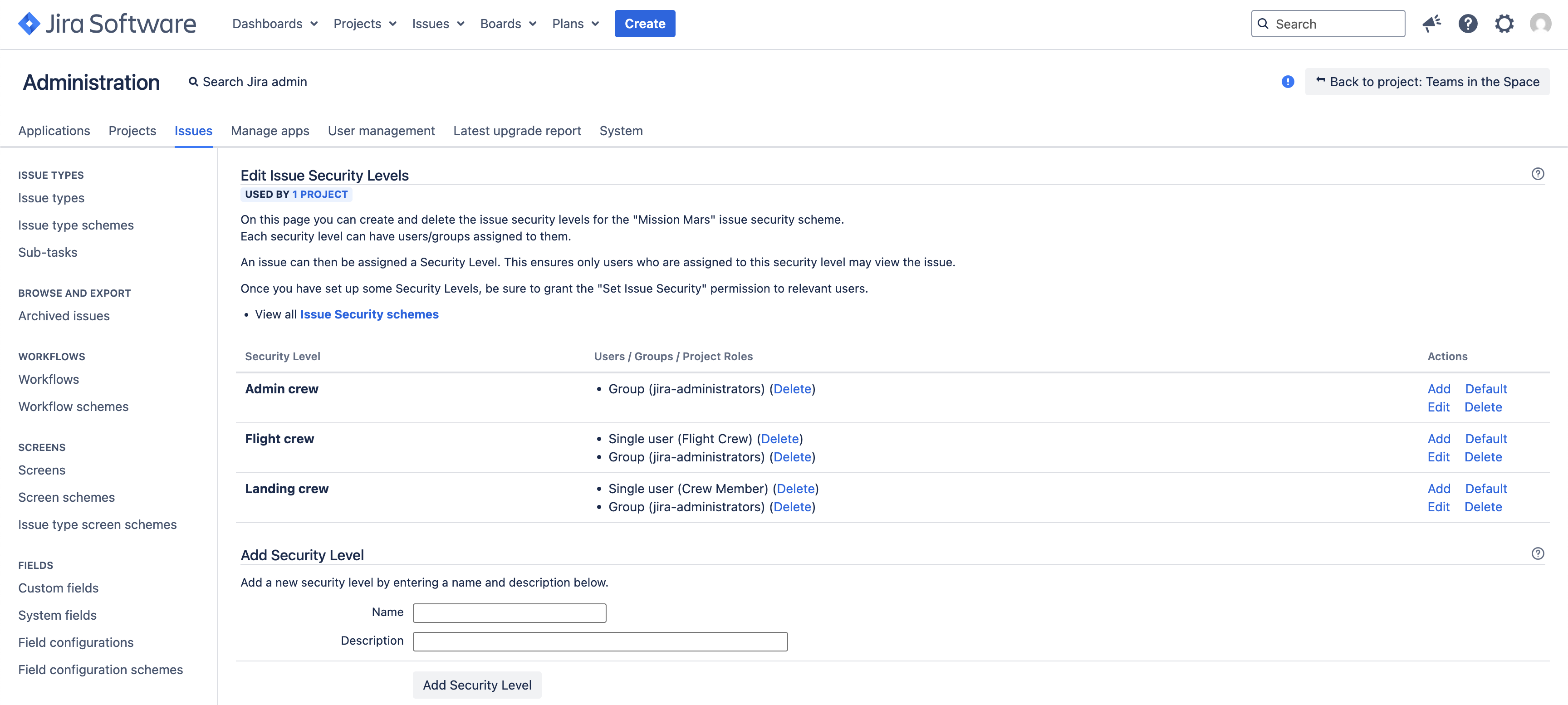 Edit Issue Security Levels page with security levels configured