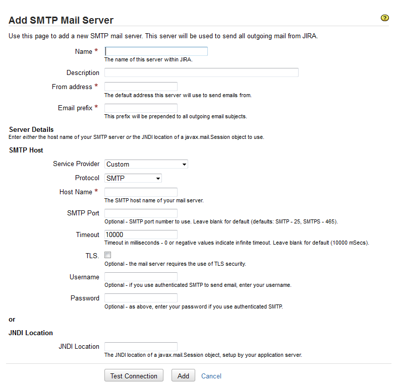 Adicionar Página do servidor de correio SMTP.