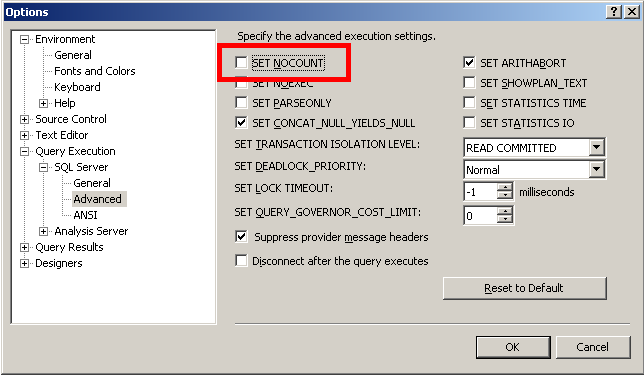 SQL Server Management Studio の [SET NOCOUNT] オプション。