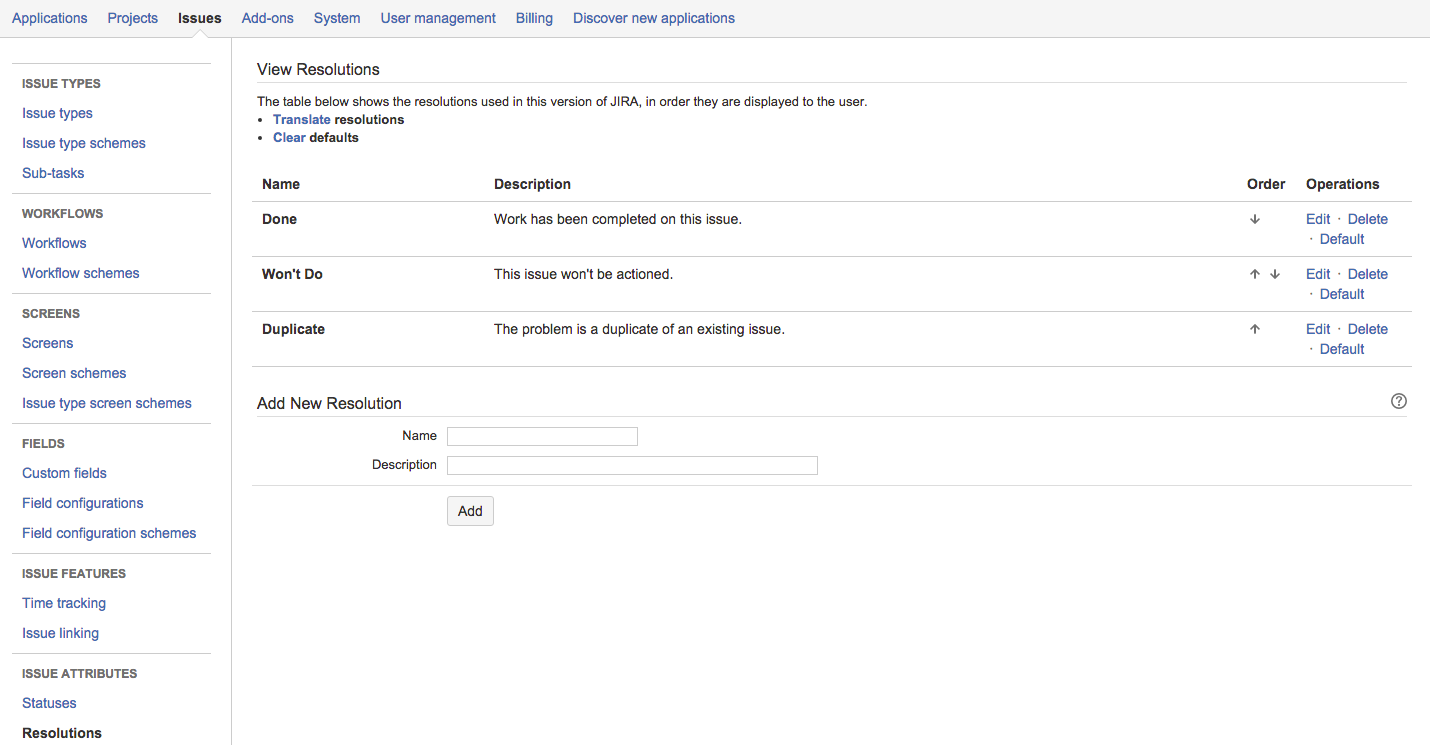 Jira 管理コンソールの [解決状況] ページ。