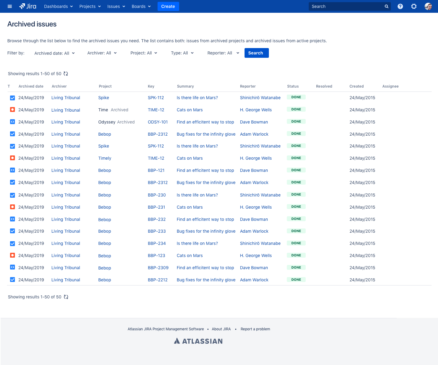 Archive programs. Jira Issues list. List of Issues. Mars service Desk. Archival Issues.