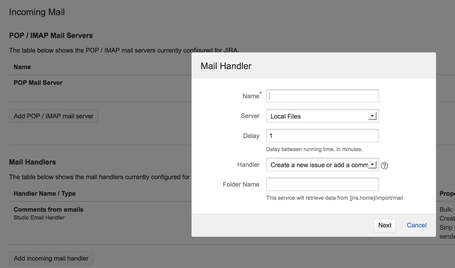 Mail Handler dialog box.