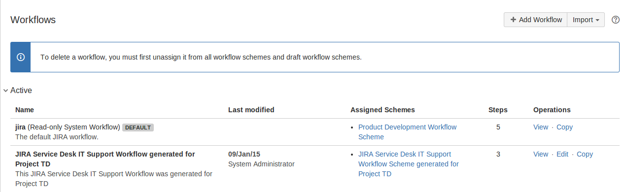 Jira 管理コンソールのワークフロー ページ。