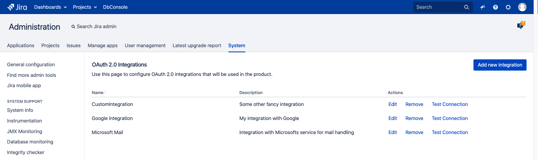 OAuth 2.0 integrations page in the Jira administration console.