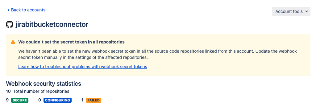 The DVCS account details page displaying a warning notice that the settings of one or more repositories in the selected DVCS accounts couldn't be updated with a new webhook secret token