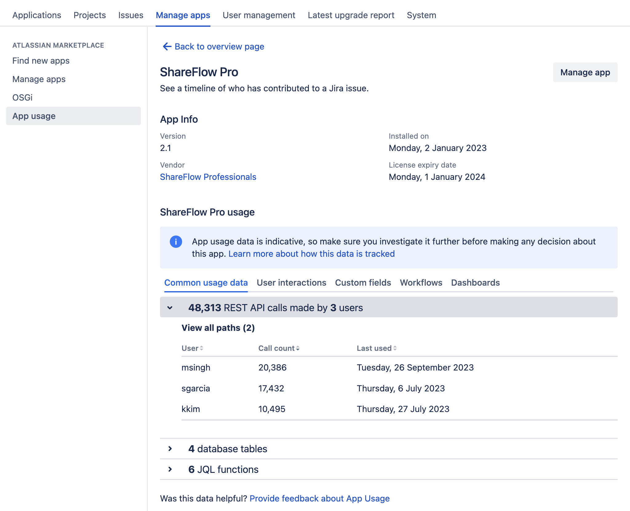 REST API 呼び出しを表示する [共通使用データ] タブ