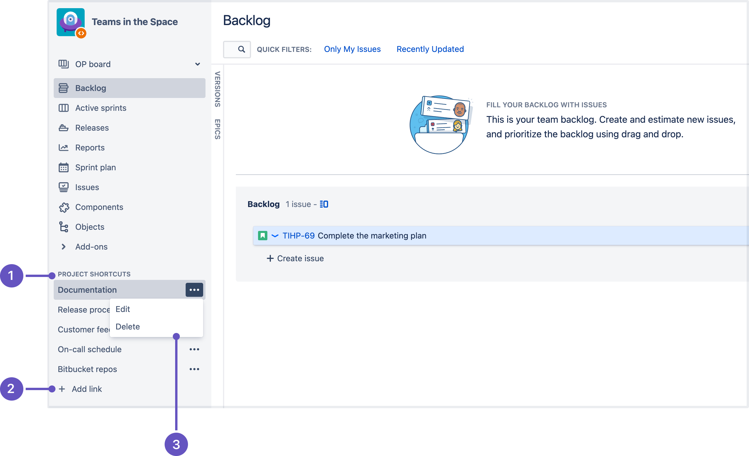 Jira Software のプロジェクト ショートカット