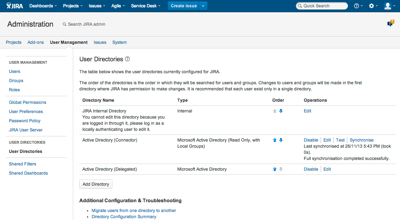 User directories page in Jira administration console.