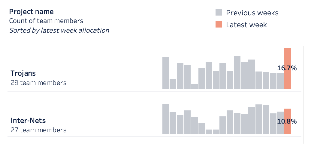 Allocation bar graph showing two projects, with bars to represent the allocation each week