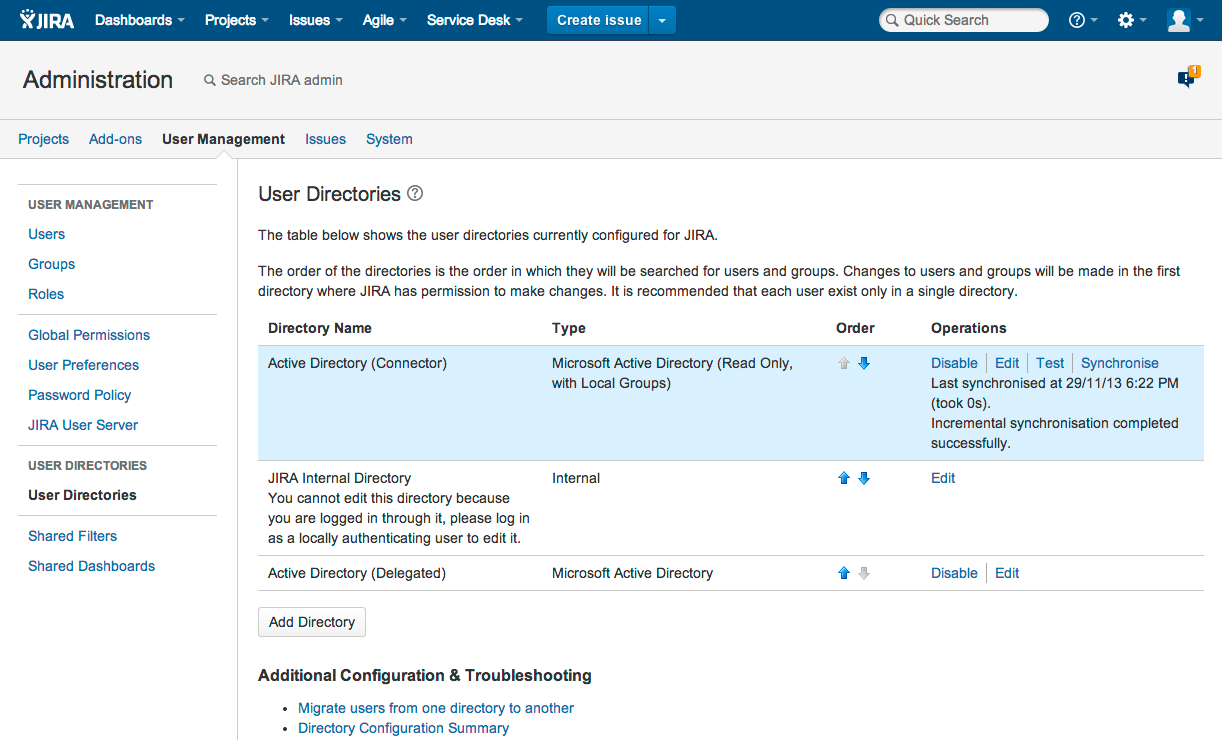 User directories in Jira administration console.