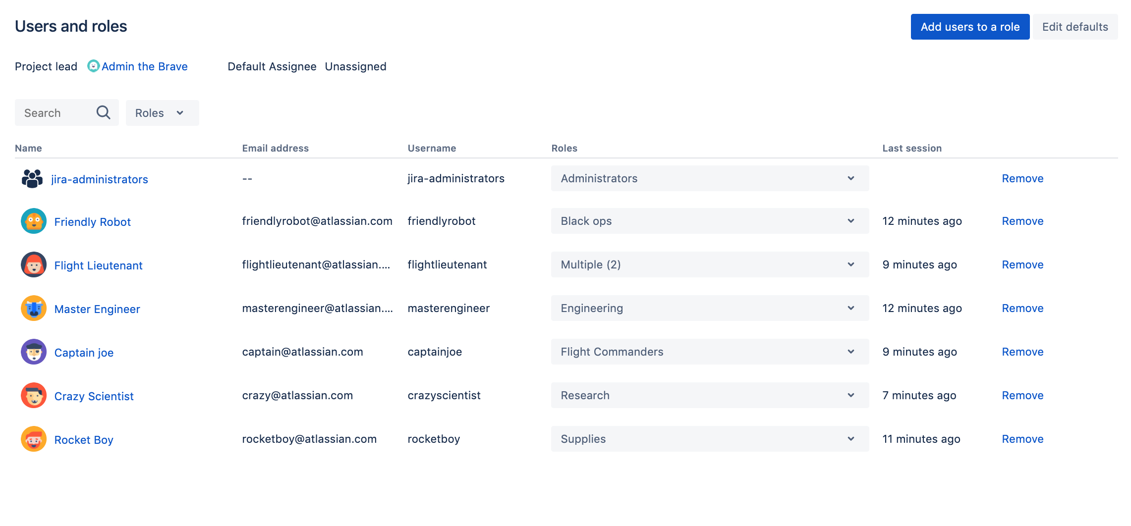 User and roles page in project settings.
