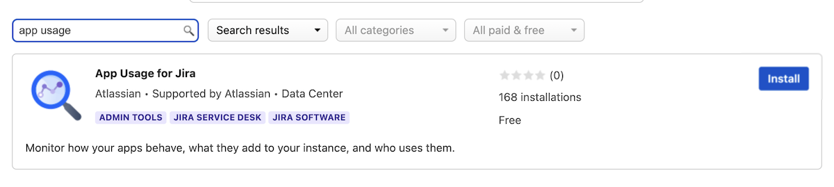 Jira Marketplace search result for App Usage
