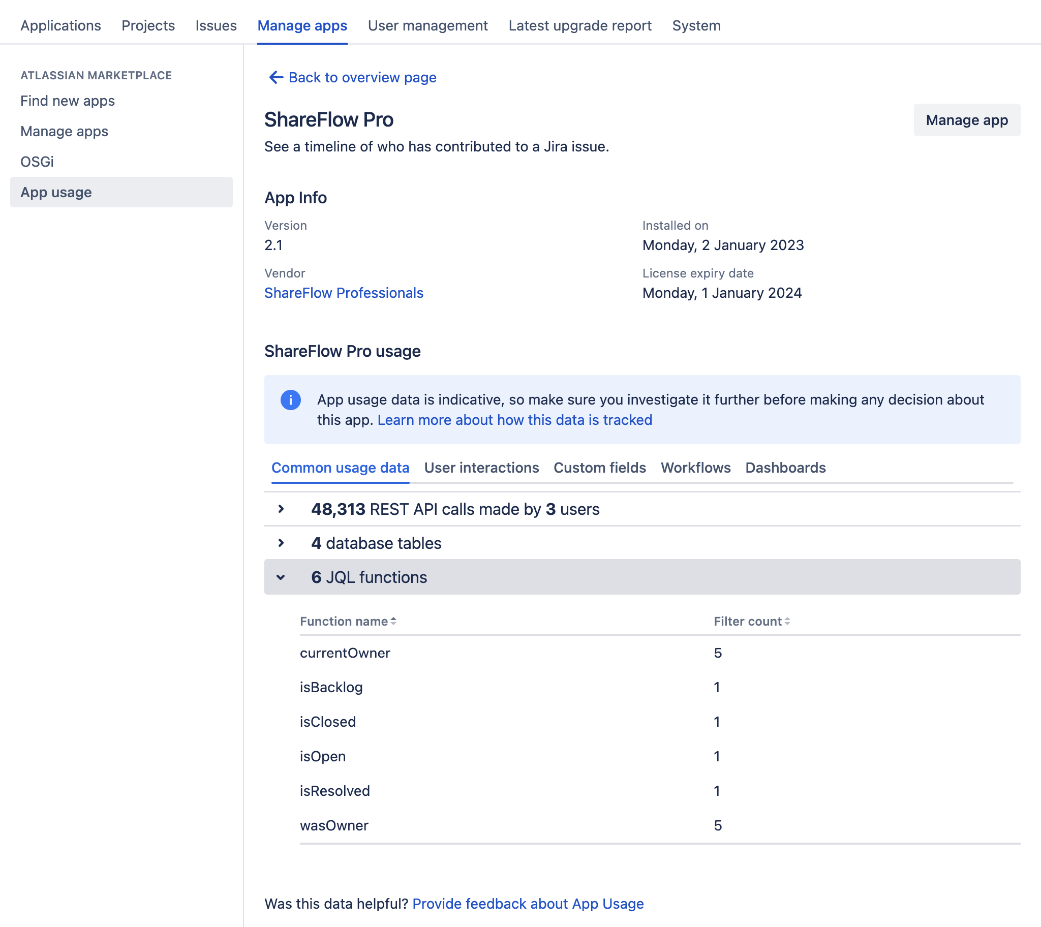 Common usage data tab, showing JQL functions list