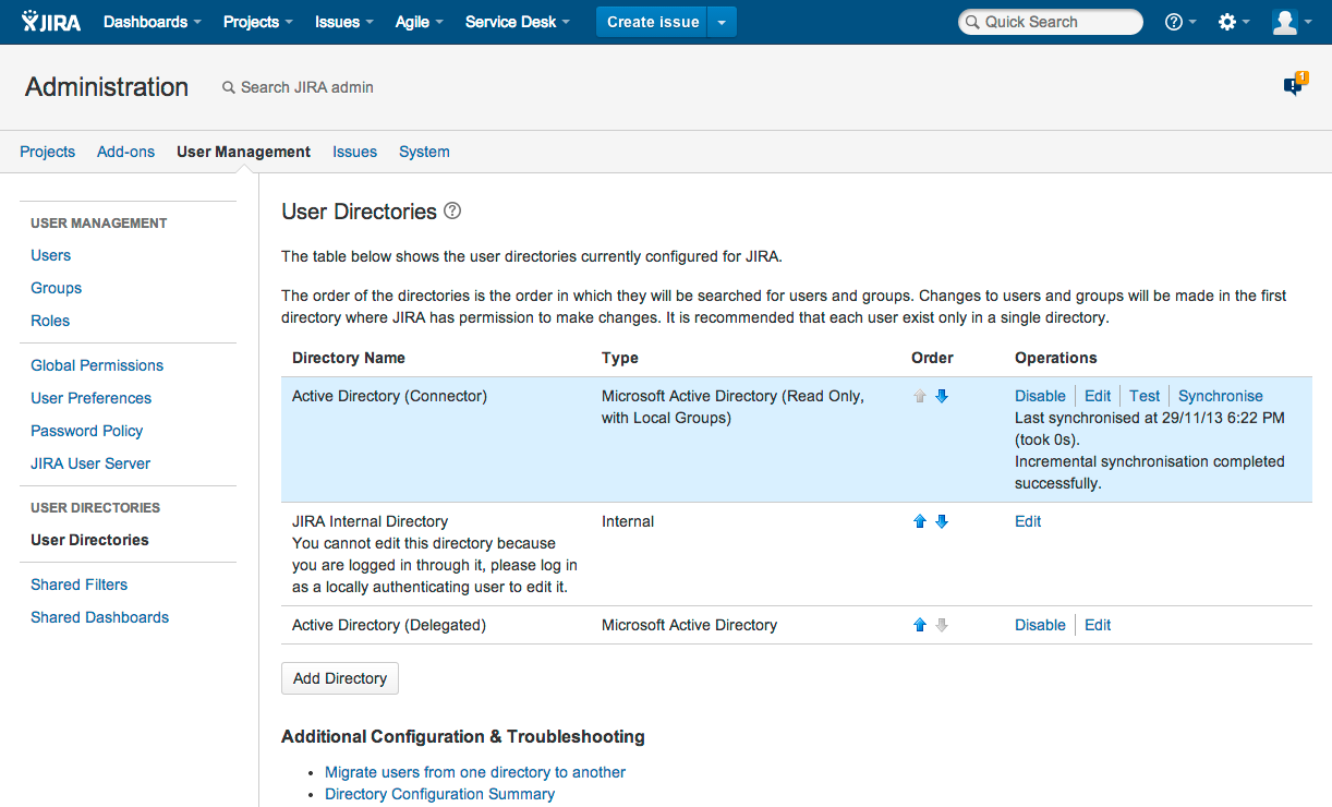 Jira 管理コンソールのユーザー ディレクトリ。