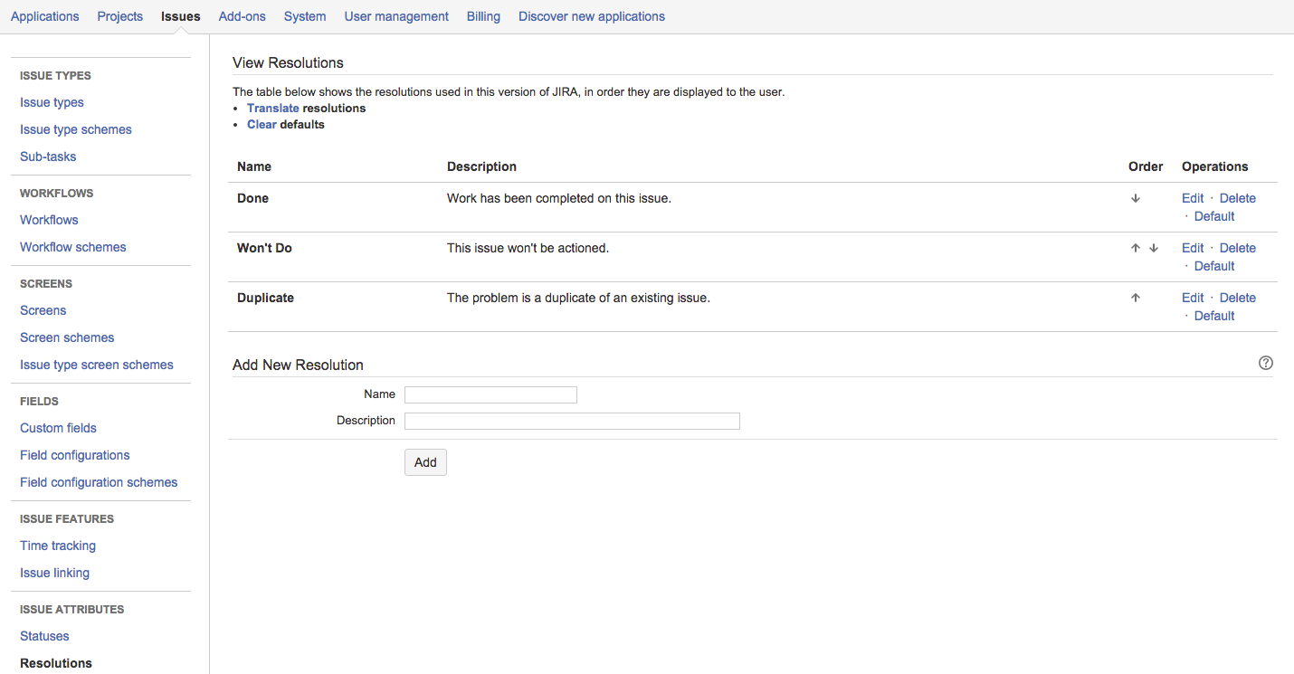 Resolutions page in the Jira admin console.
