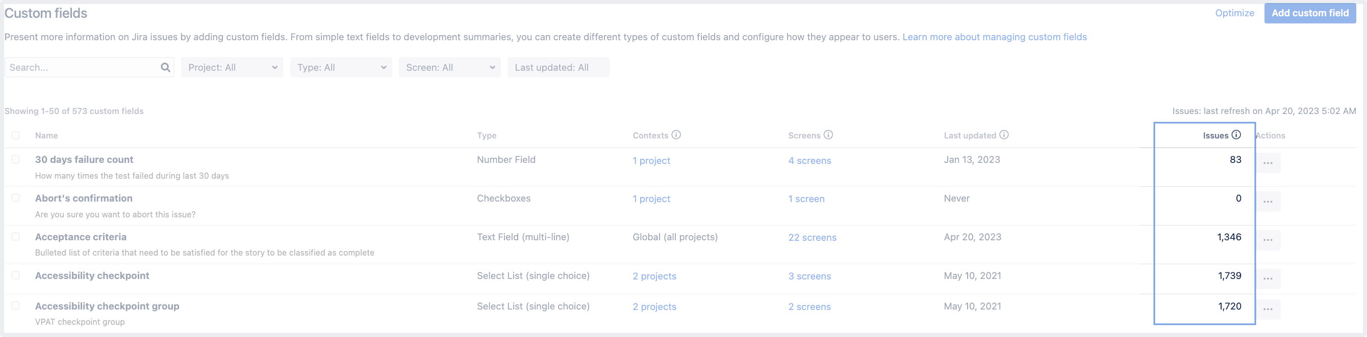 A custom fields table with highlighted Issues column