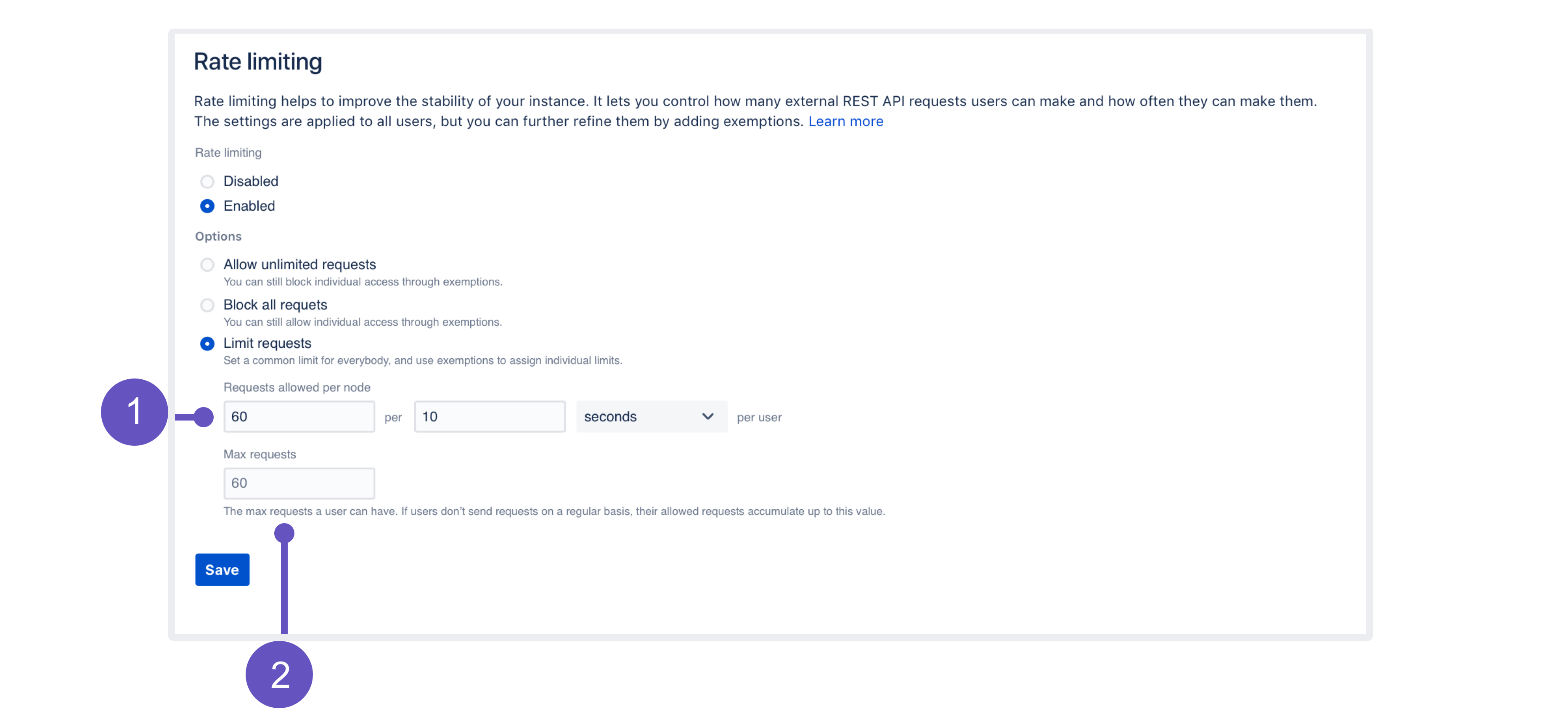 Rate limiting page in the Jira admin console, with annotations explained below the image.