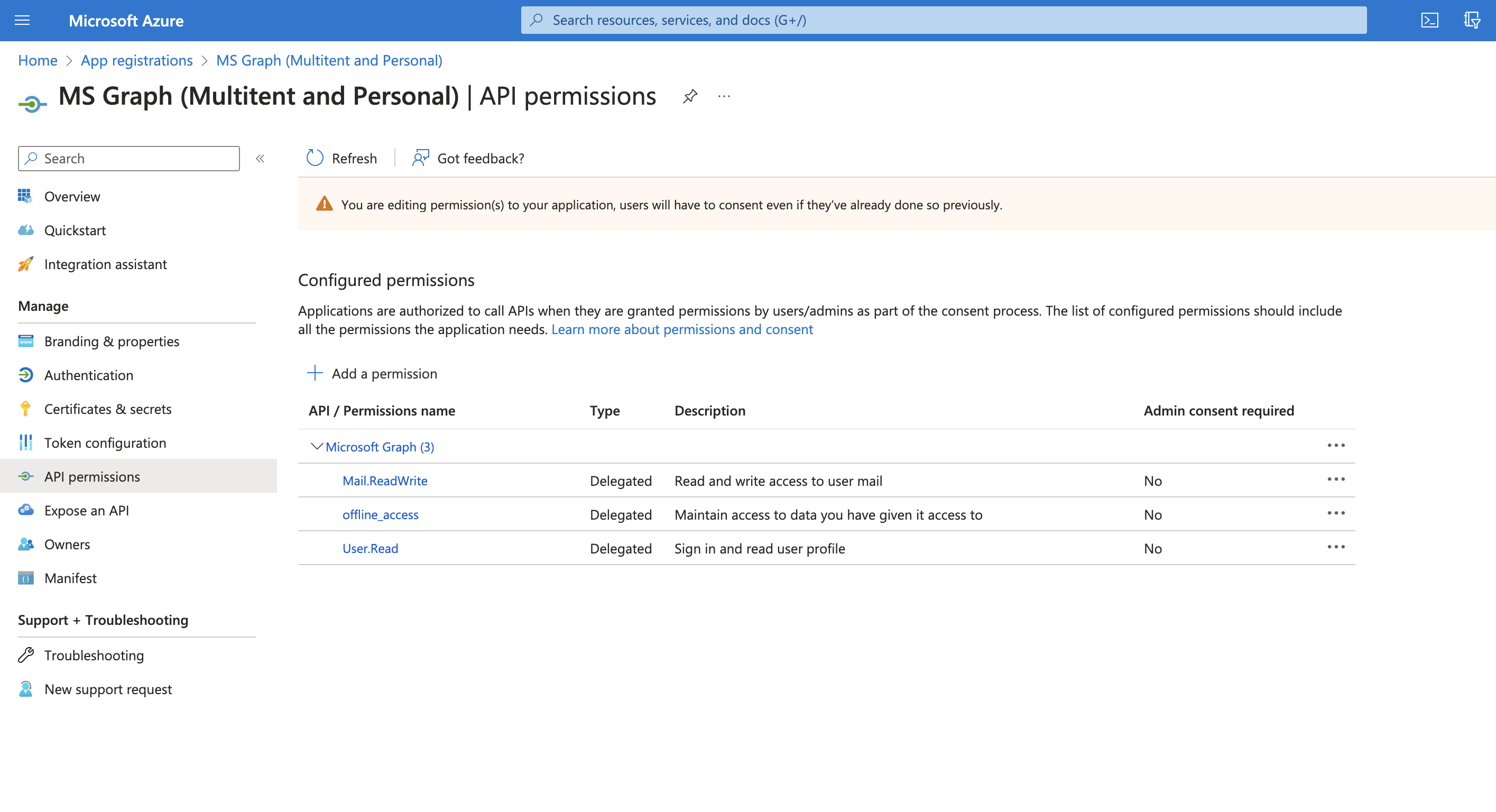 Microsoft Graph permissions configuration