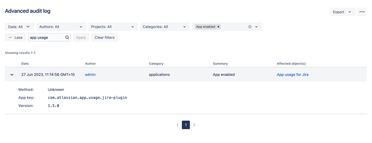 App Usage に関する Jira 監査ログ