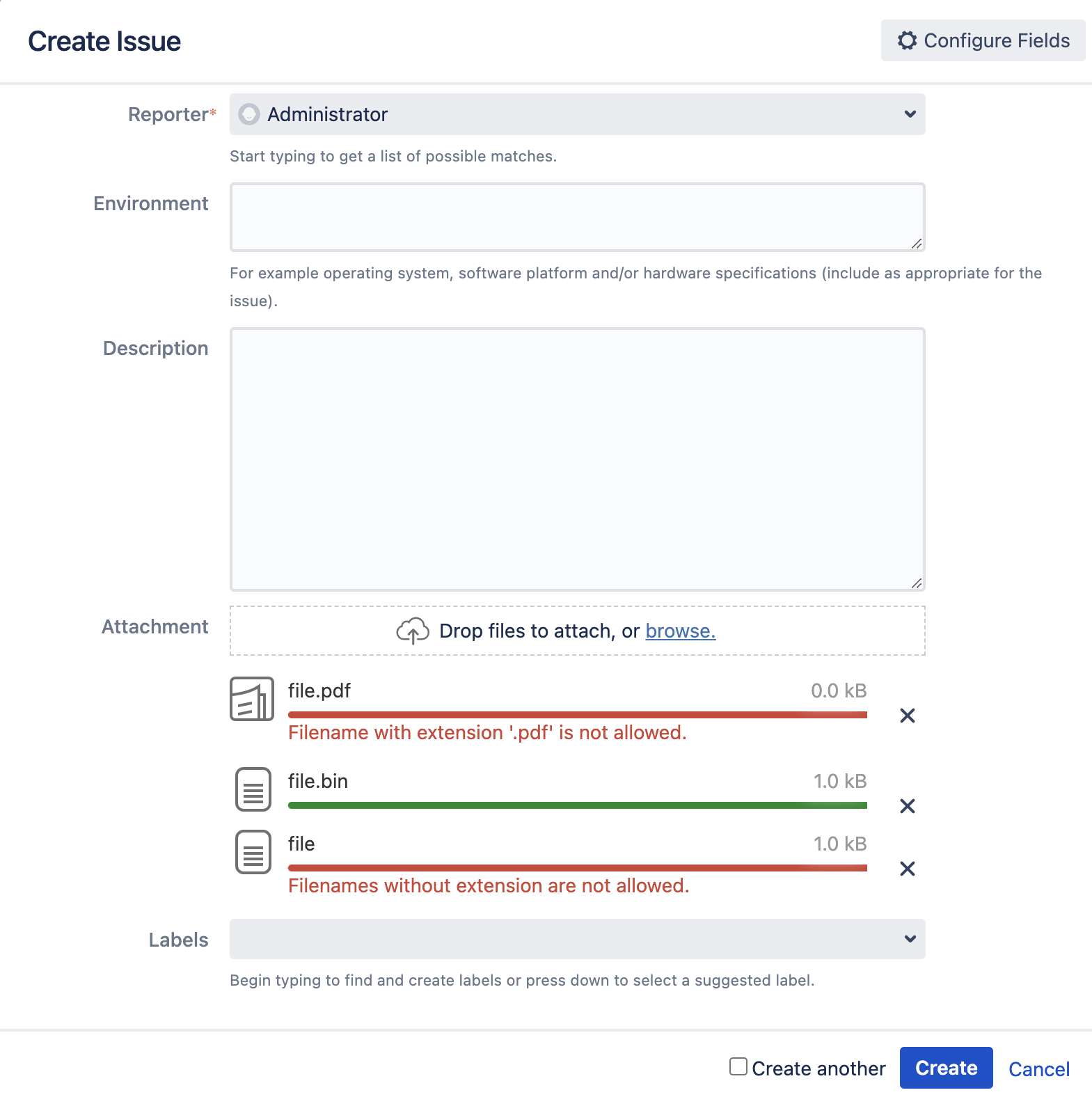 Blocked file extensions in issue