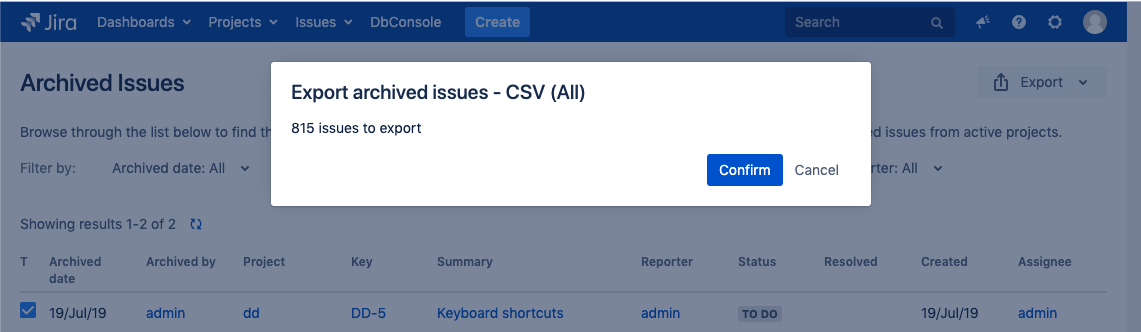 Export archived issues confirmation dialog.