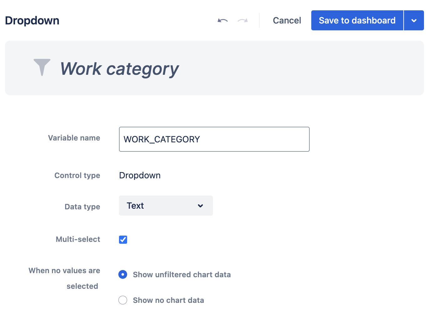 The Dropdown control is named WORK_CATEGORY. The data type of the control is text and it is configured to be a multi-select control that shows unfiltered chart data when no values are selected.