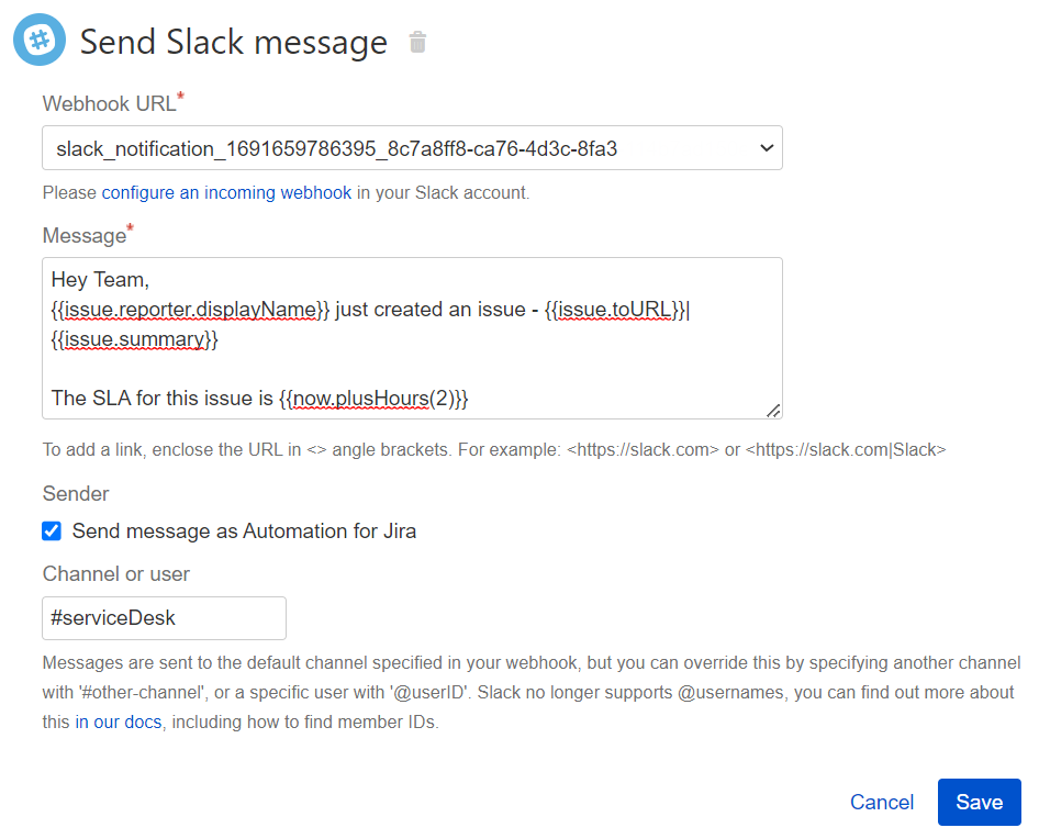 Send Slack message example