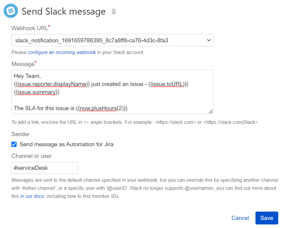 [Slack メッセージを送信] の例