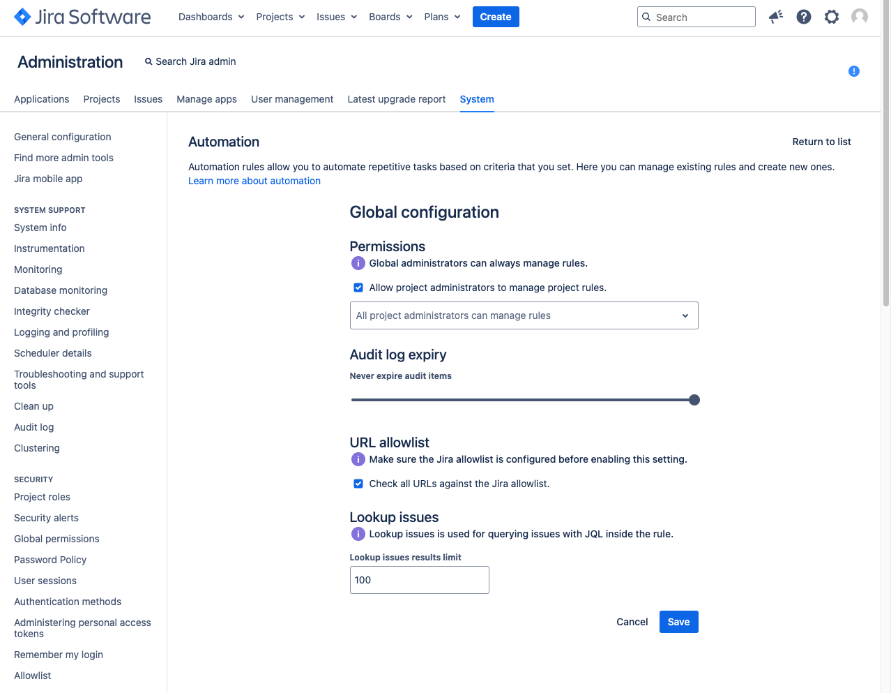 Global configuration screen in Jira automation