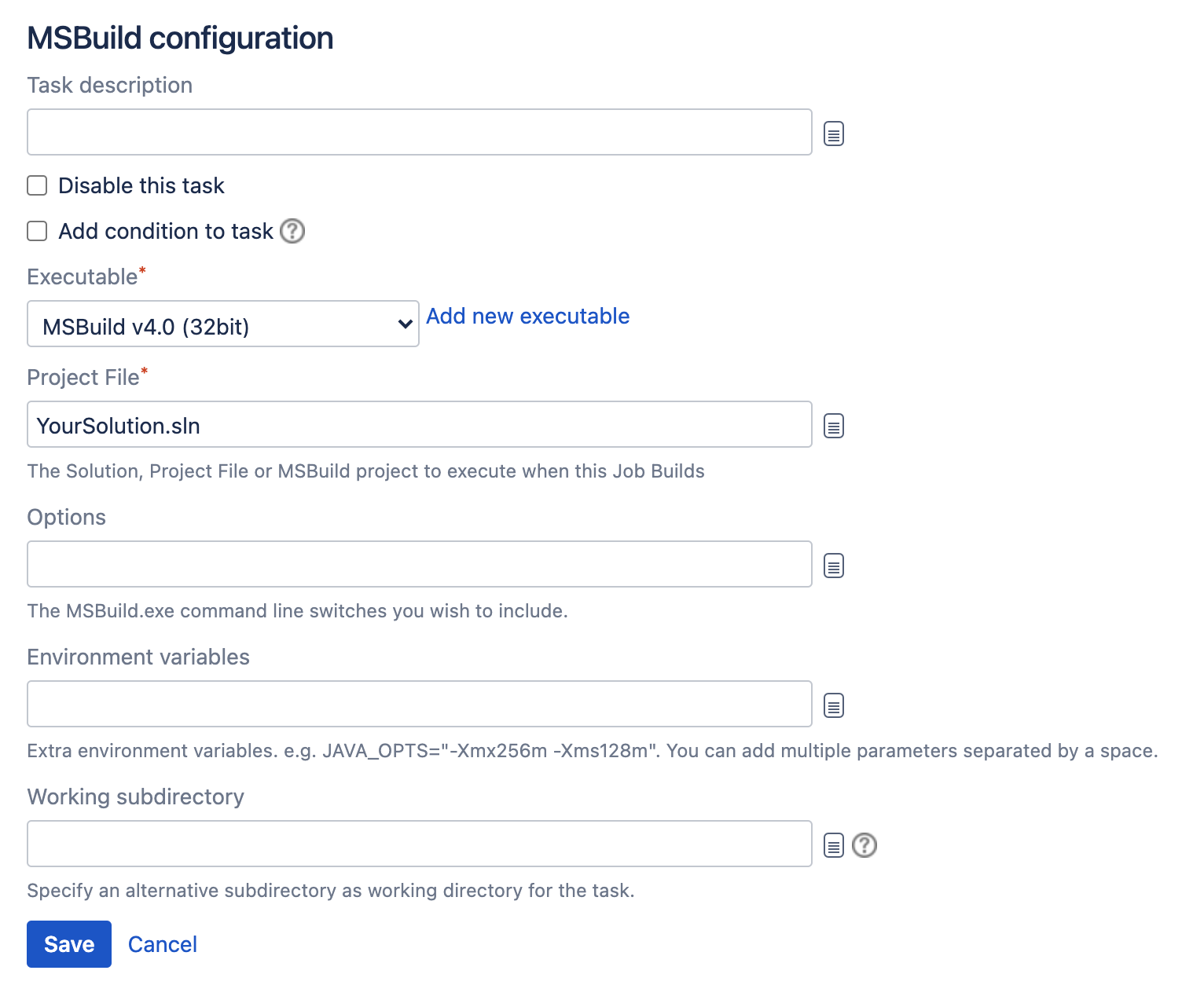 MSBuild task type configuration screen