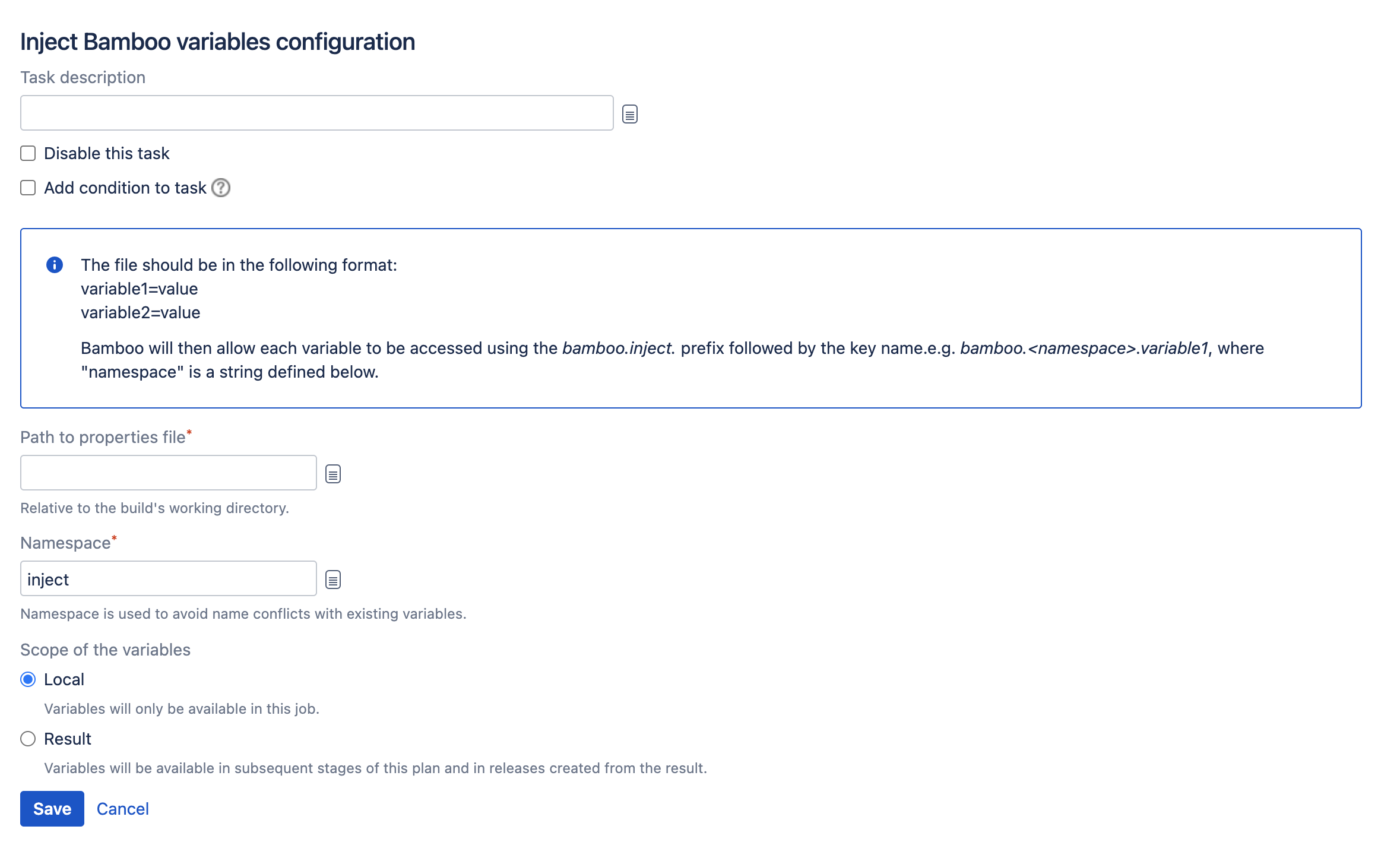 Configuring a variables task | Bamboo Data Center and Server 9.3