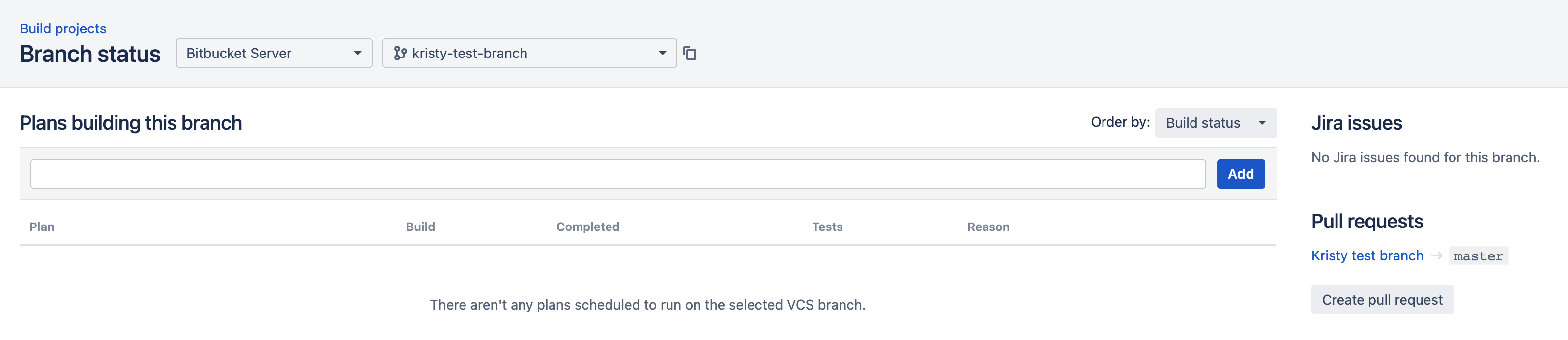 Pull requests on branch status page