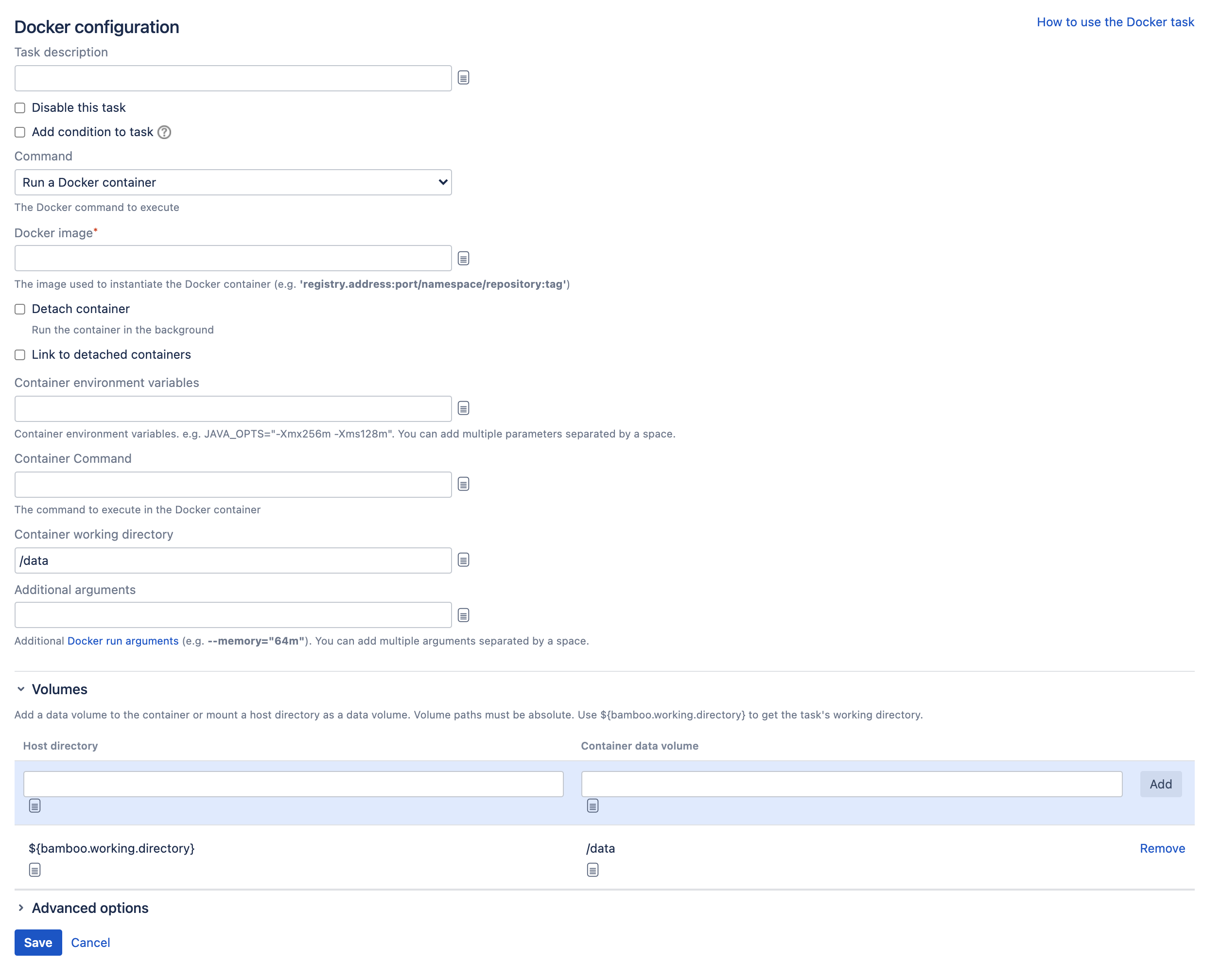 Run a Docker image option in Docker task configuration