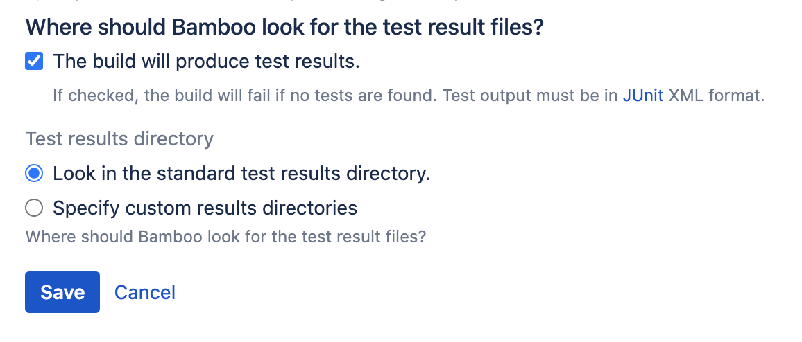 Test result files directory selection section in Bamboo