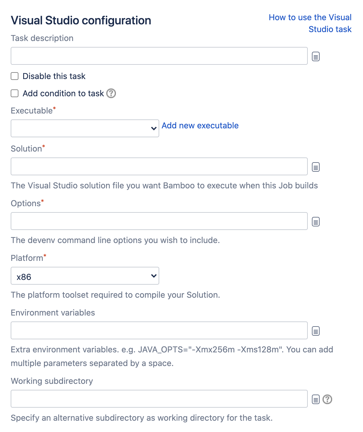 Visual Studio configuration section in Bamboo