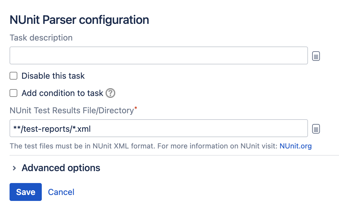 NUnit Parser task type configuration