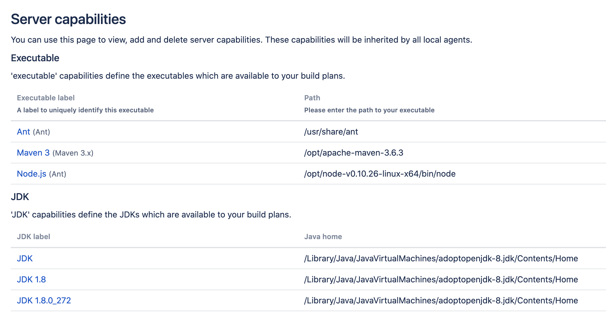 Server capabilities section in Bamboo
