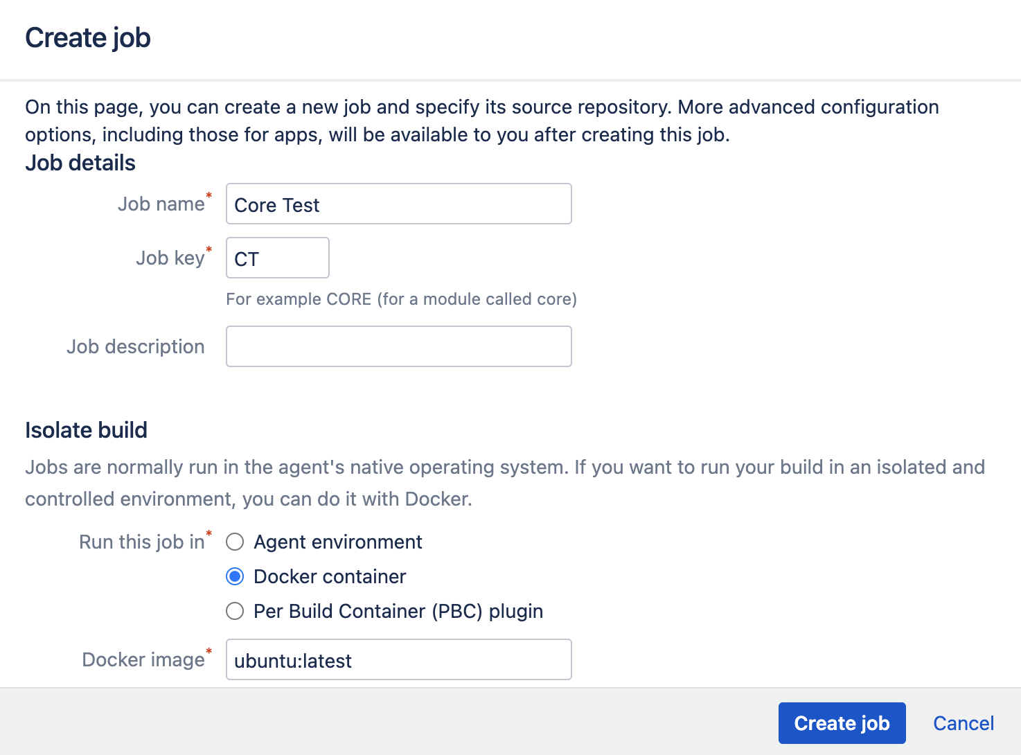 Job creation page