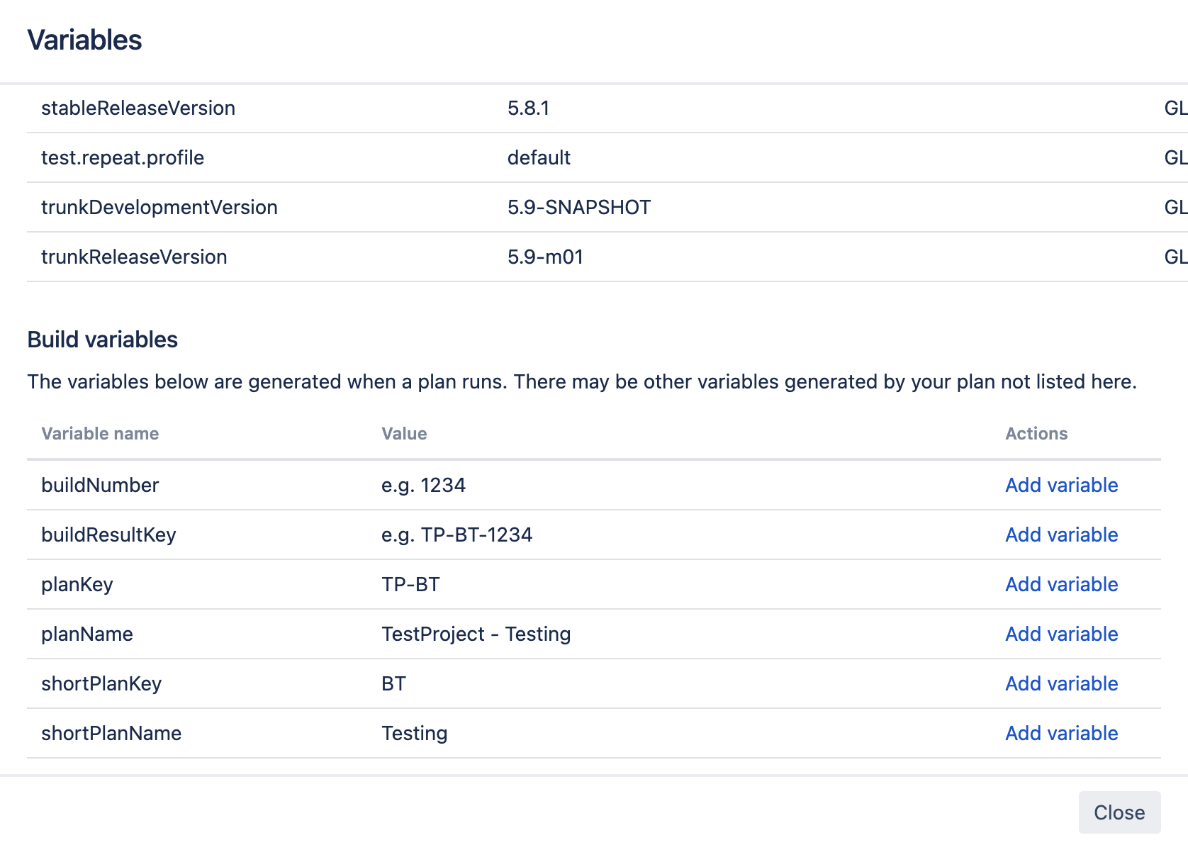 Release versioning variables screen