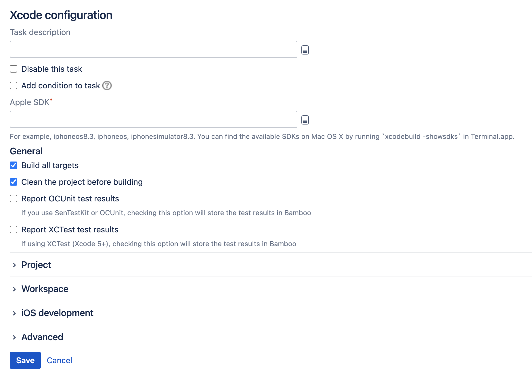 Xcode task type configuration screen