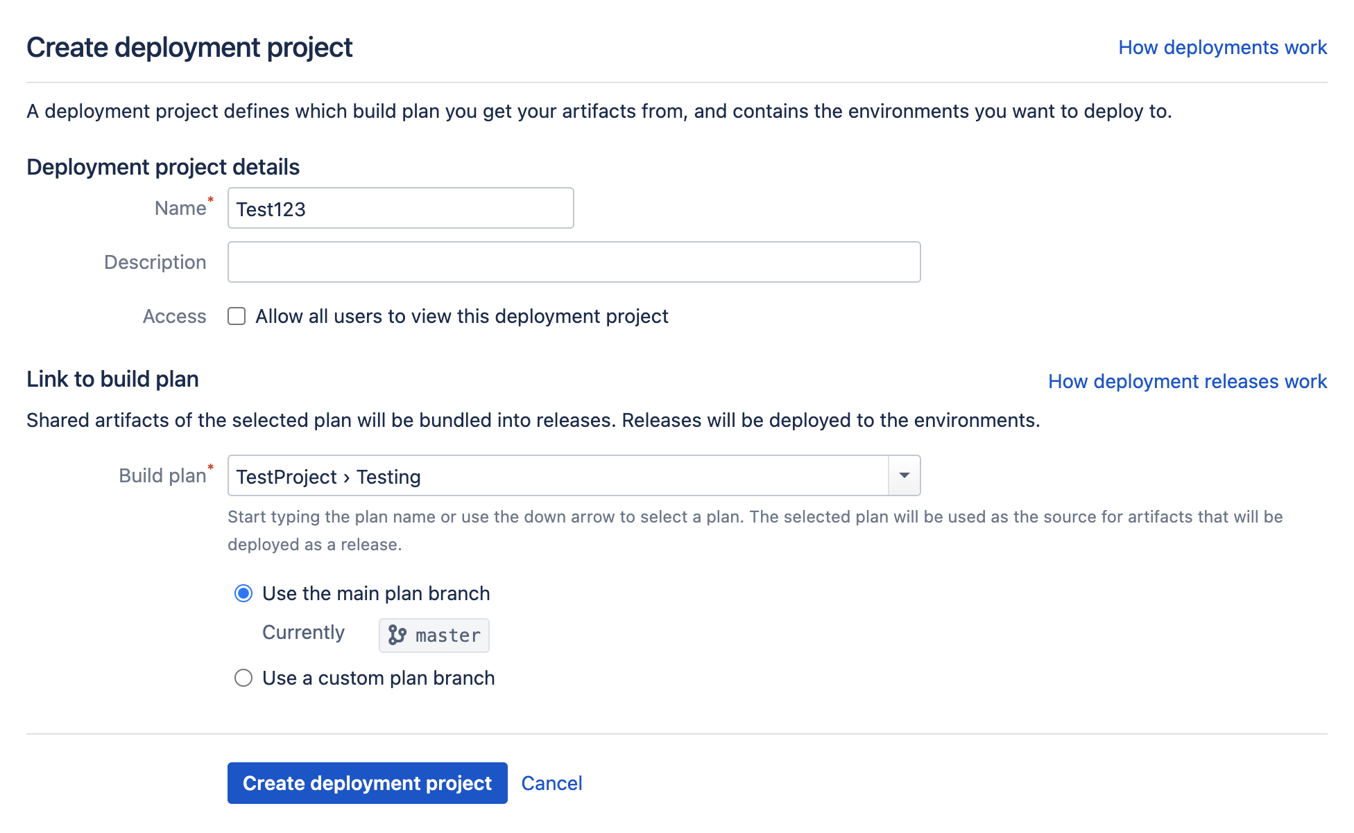 Create deployment project screen