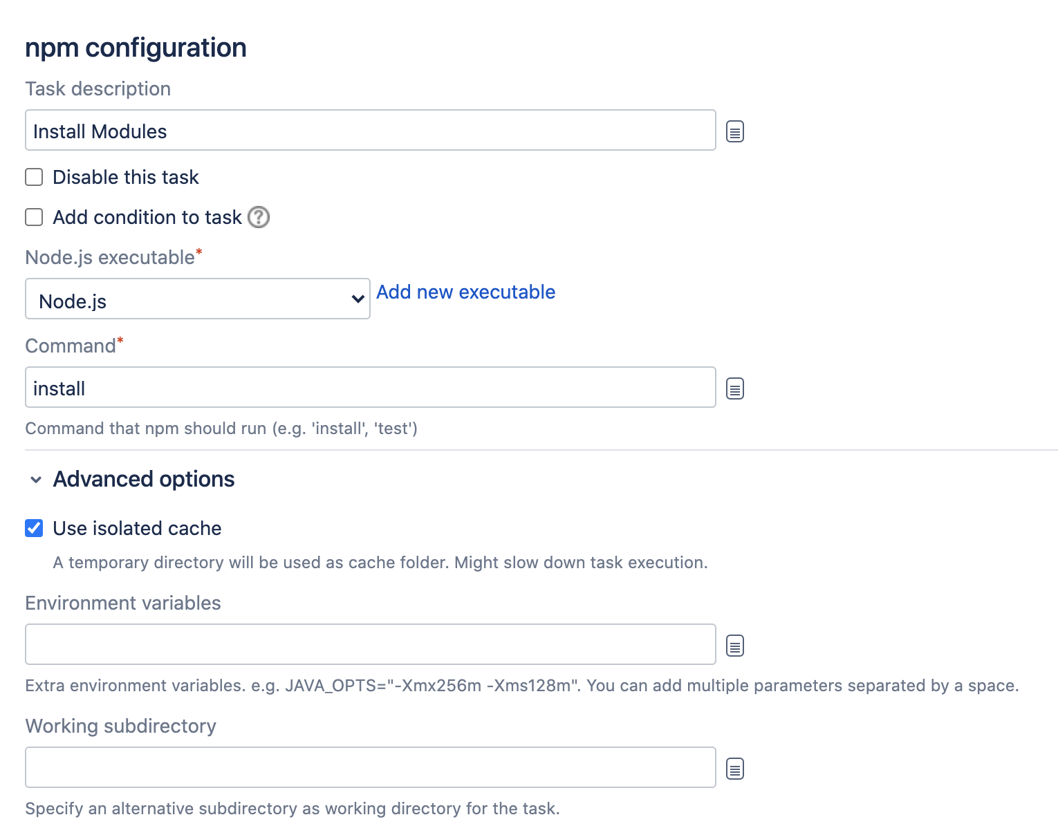 Npm task configuration screen in Bamboo