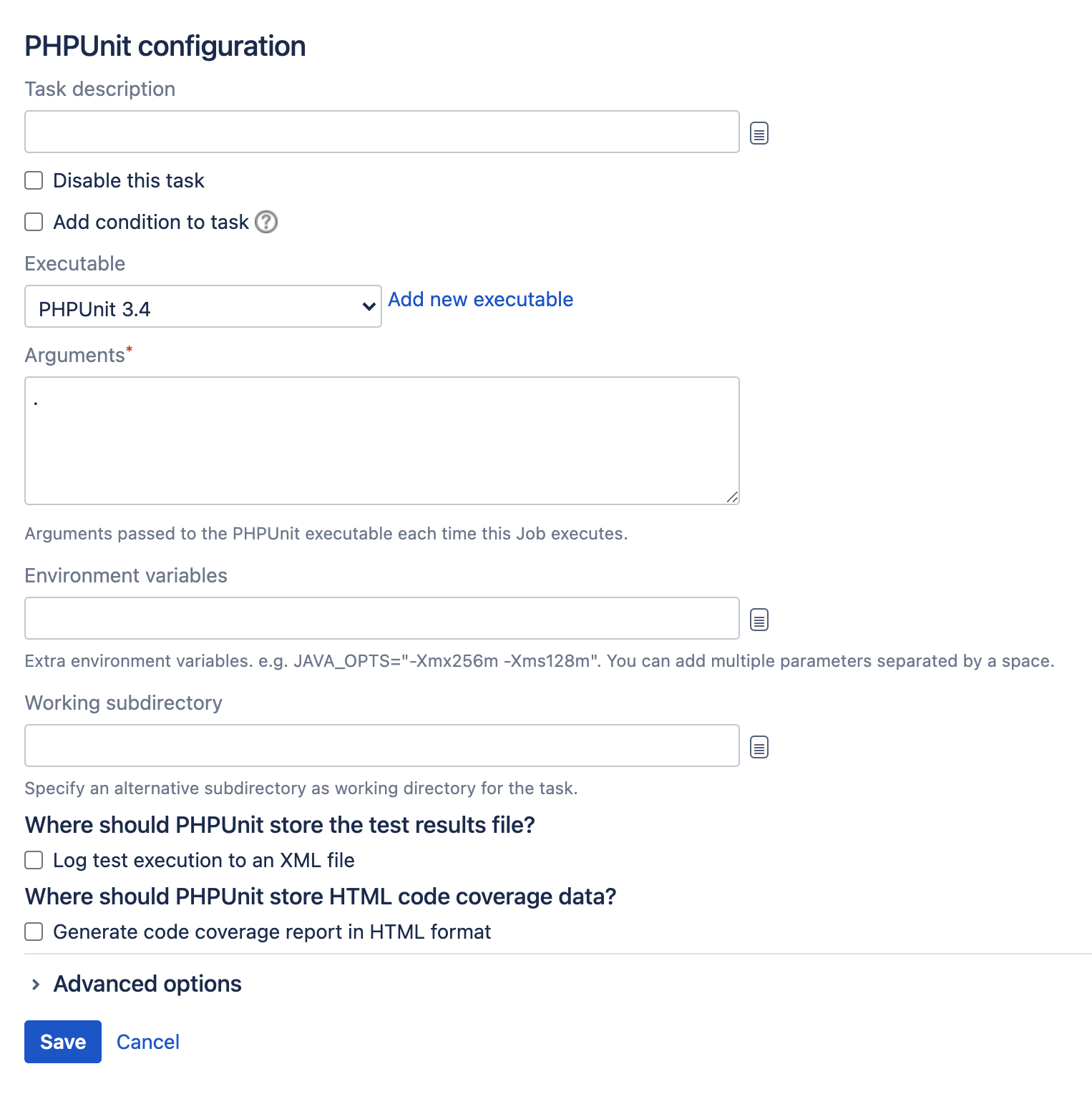 PHPUnit task type configuration