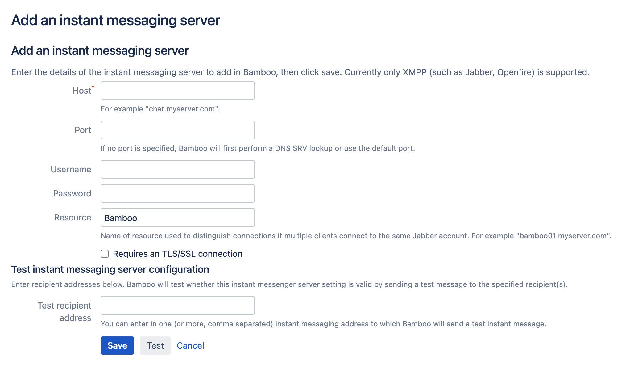 Instant messaging server configuration screen