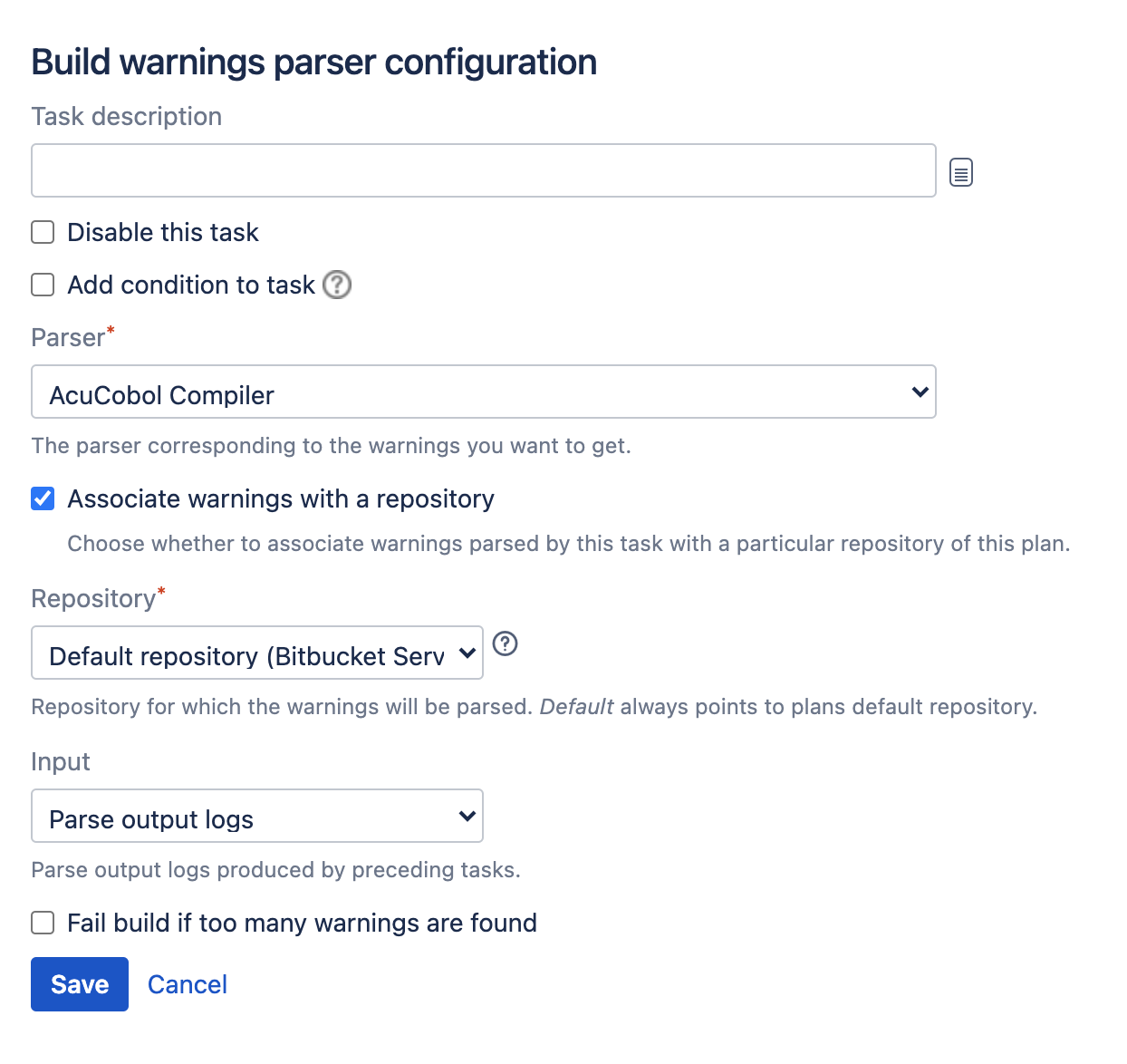 Build warnings parser task type configuration