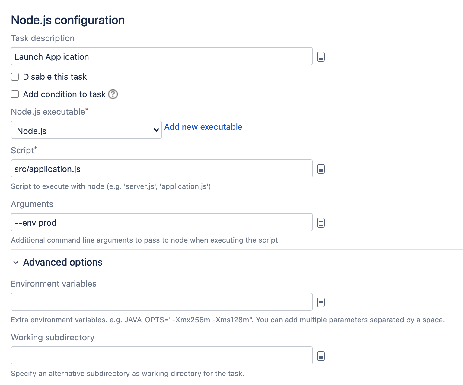 Nodejs task configuration screen in Bamboo