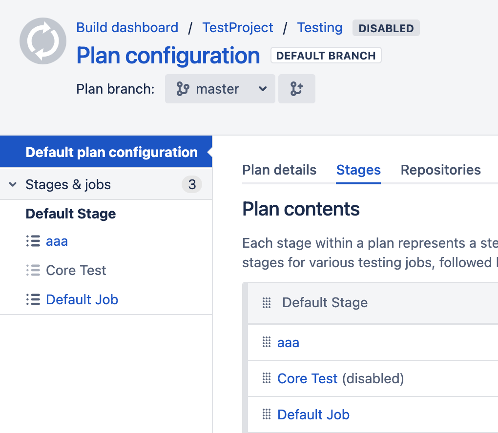 Job list in plan configuration screen