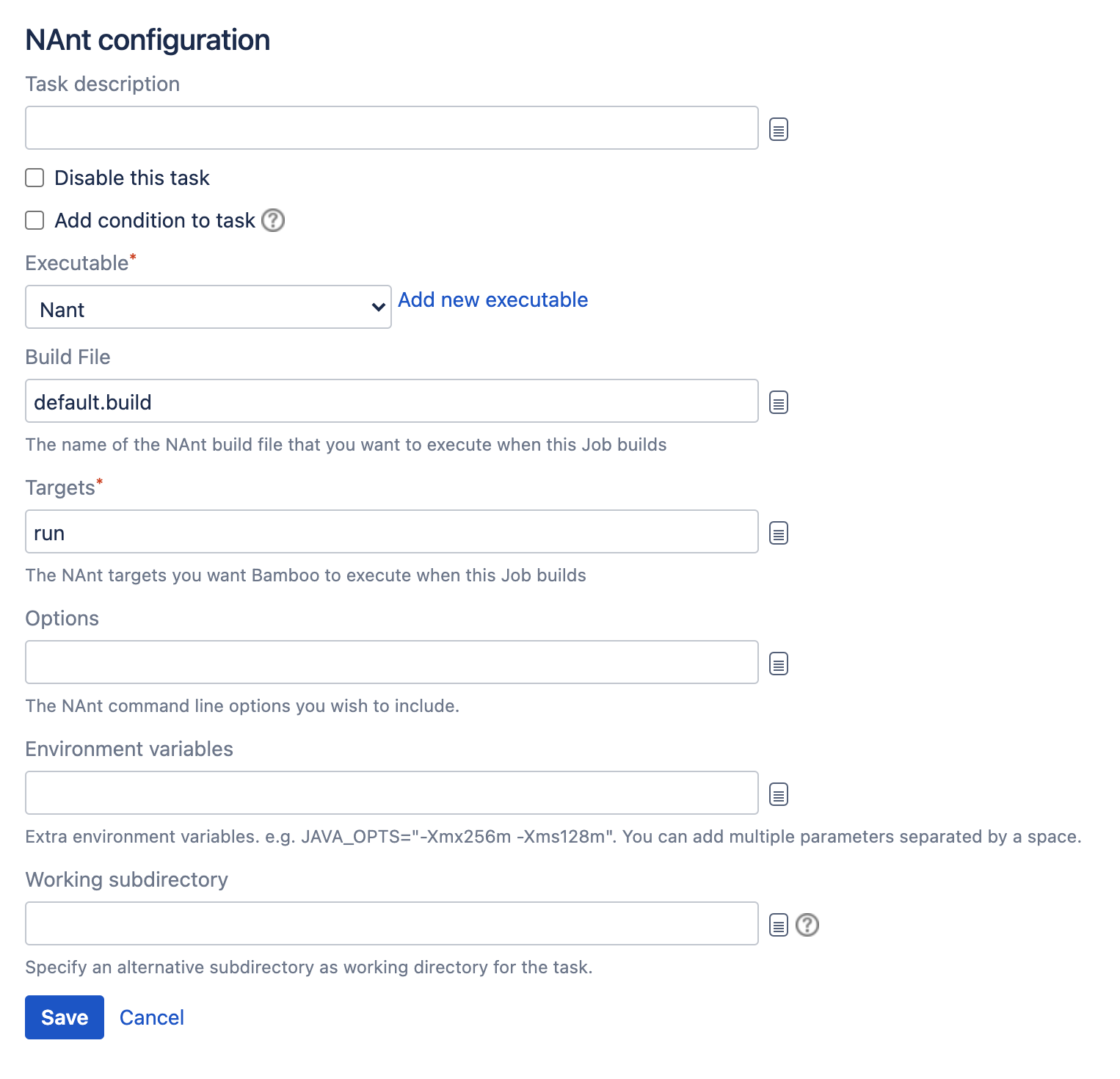 NAnt task type configuration screen