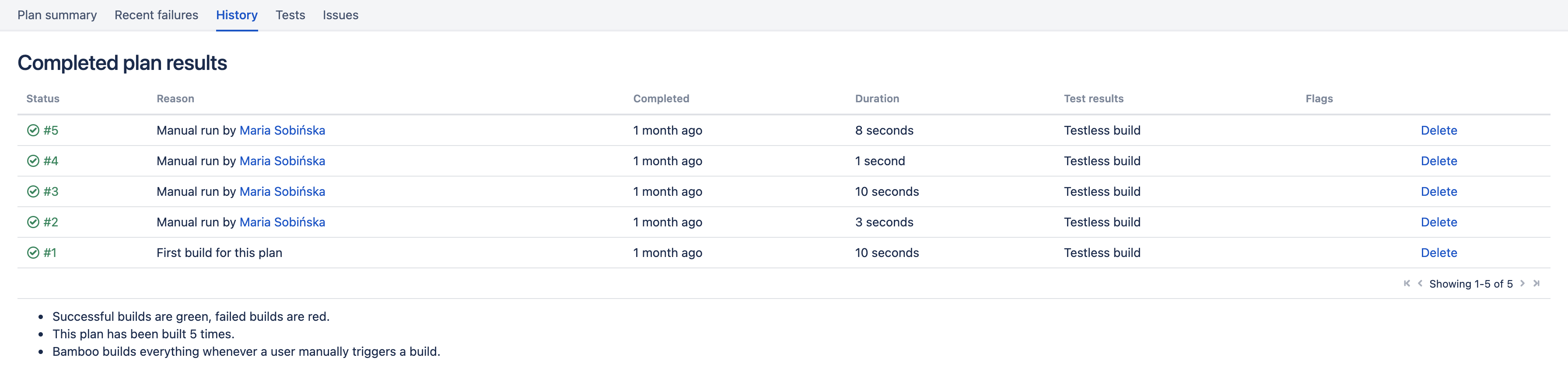 Delete option in plan's build results section